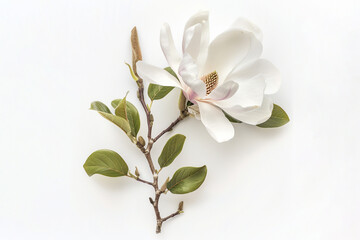 White Magnolia flower with green leaf on white background.