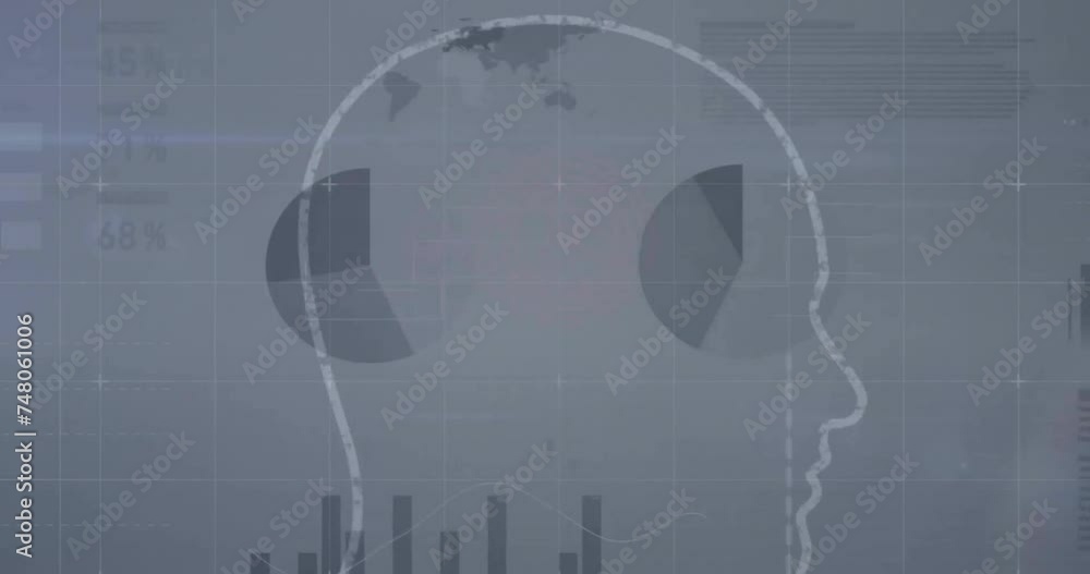 Poster animation of financial data processing over head on grey background