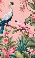 Obraz premium Vintage garden tree, banana tree, plant, crane, parrot, bird floral seamless border pink background. Exotic chinoiserie wallpaper, Generative AI