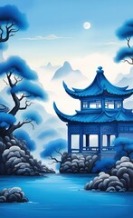 Obraz premium Hand painted Chinese style blue elegant landscape painting, Generative AI
