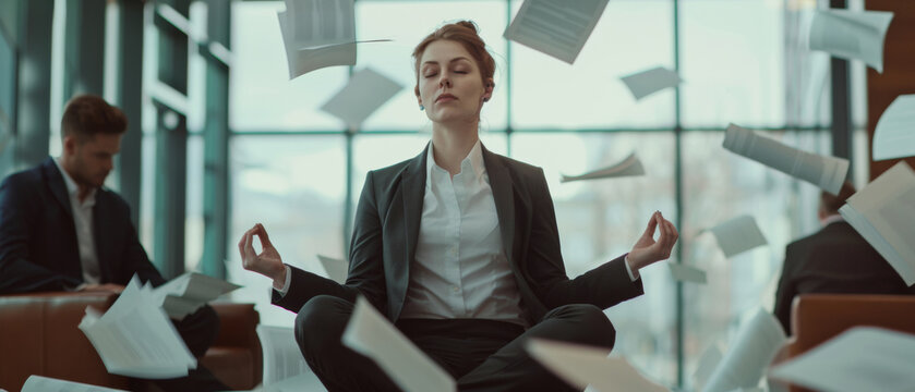 Businesswoman meditating amid flying papers, finding peace in the chaos.