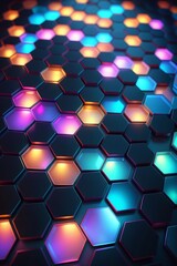 3D metal glowing hexagon objects with neon lights, vertical composition