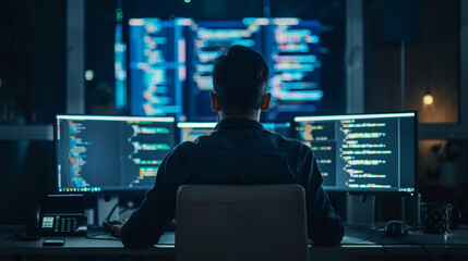 A software developer in a dark room illuminated only by the glow of computer monitors, deeply engrossed in coding, programmer working, blurred background, with copy space - obrazy, fototapety, plakaty
