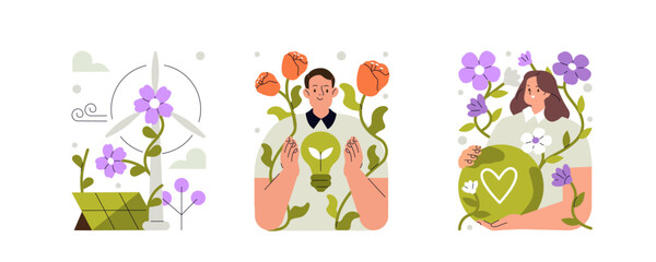 Sustainable development concept illustration. Collections of men and women characters showing benefits of renewable energy, green industry against climate change. Vector illustrations set.