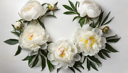 Flat lay spring floral composition. Top view wreath made of peonies flowers on white background