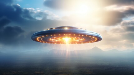 Fototapeta na wymiar Glowing ufo flying in the sky with space for text, mysterious extraterrestrial spacecraft concept