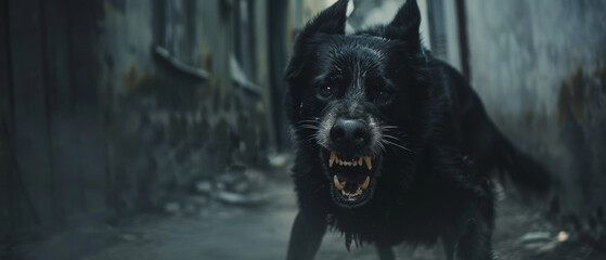 Intense eyes and bared teeth, a dark-furred dog charges down an alley with fierce determination.