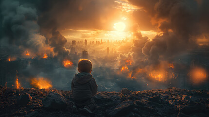 A little boy looks at the ruins of a destroyed city. Consequences of the war. - obrazy, fototapety, plakaty