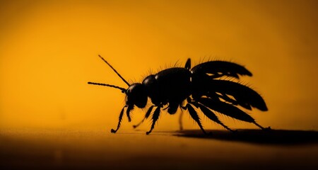  A bee in flight, captured in silhouette against a warm backdrop