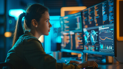 A female programmer analyzing data on dual monitors, showcasing diversity and expertise in the tech industry, programmer working, blurred background, with copy space