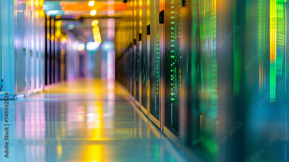 Poster blurred view of a data center with rows of server racks illuminated by blue and yellow led lights.
