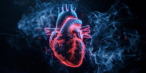 An Anatomically Detailed 3D Illustration of a Human Heart Glowing with Life, Generative AI
