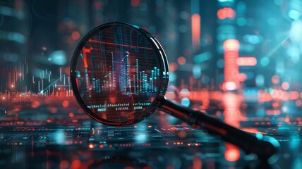 Digital Magnification of Futuristic Finance. Insightful analysis of financial data within a digital cityscape through a magnifying lens.