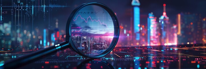 Economic Pulse in the Cyber City. A magnifying glass amplifies financial charts over a neon-lit skyline, symbolizing the pulse of the economy in a digital age.