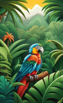 forest landscape wallpaper design, parrots and palm trees, big leaves, mountain scenery, mural art, Generative AI