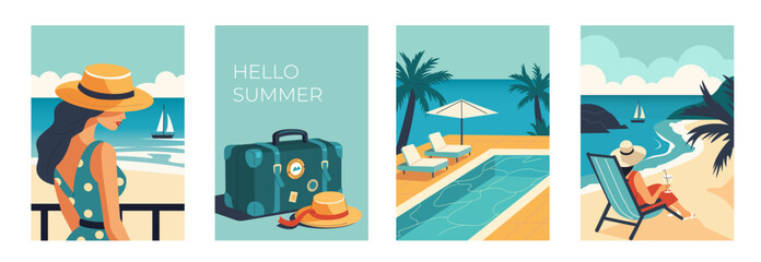 Summer holidays, travel and vacation concept set. Collections of retro style posters with woman  relaxed at the beach, vintage suitcase luggage and swimming pool. Vector illustration. - obrazy, fototapety, plakaty