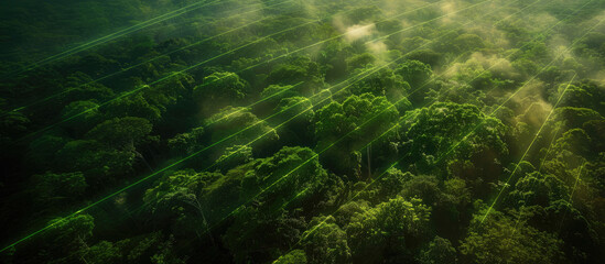 Fototapeta na wymiar Lush forest canopy pierced by rays of light, with neon green grid lines suggesting a fusion of nature and digital elements.
