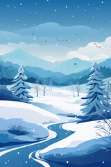 Snowy Winter Forest: A Beautiful Merry Christmas Scene with Snow-Covered Trees and a Blue Sky Background, Illustration for Holiday Card