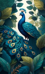Graphic illustration of a peacocks and leaves. Design for interior project, wallpaper, photo wallpaper, mural, poster, home decor, card, packaging!, Generative AI