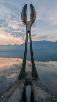 Naklejki The Fork of Vevey stands tall at dawn a quirky tribute to culinary arts mirrored in the tranquil lake