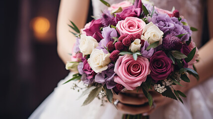 an elegant bride with a beautiful bouquet,with empty copy space