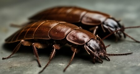  Close-up of two brown cockroaches on a surface