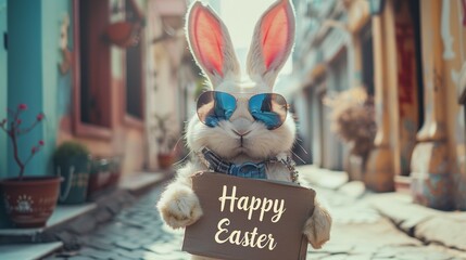 Modern Easter bunny wearing fashion sunglasses. Standing in the street and holding a sign with the text "Happy Easter". Easter concept in pastel colors.