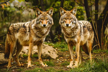 Naklejka na ściany i meble Wild coyote wolves in the wilderness 