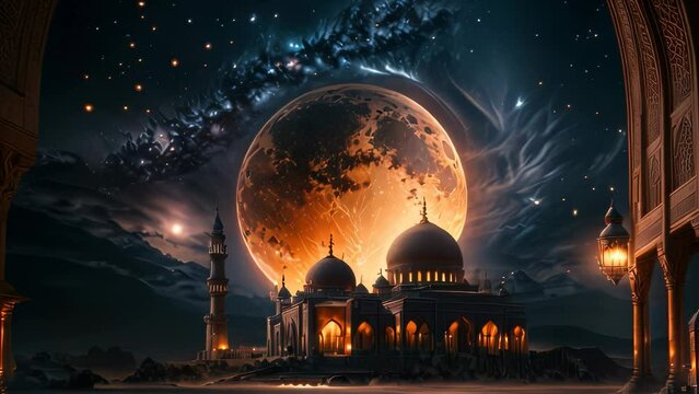 Ramadan mosque video animation,  grand mosque with multiple domes and minarets is prominently featured in this fantastical glowing moon that casts an ethereal light upon the entire scene