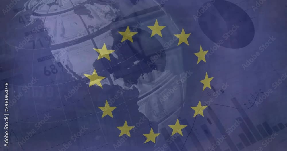 Poster animation of flag of european union over globe and charts processing data
