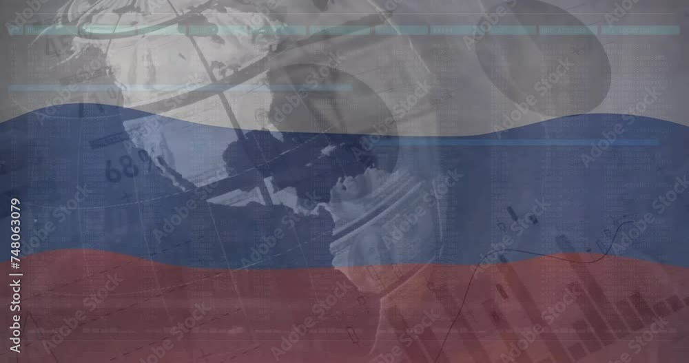 Poster animation of flag of russia over globe and charts processing data