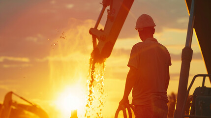 A construction worker control a pouring concrete pump on construction site and sunset background 