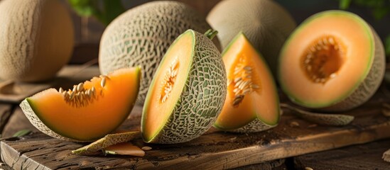A group of ripe cantaloupes are neatly placed on a wooden cutting board. The juicy fruits are ready to be prepared for a delicious meal.