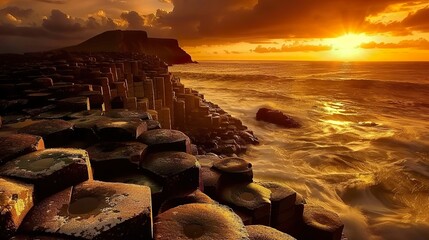 The Giants Causeway at sunset natural columns standing like ancient sculptures a masterpiece carved by volcanic legacy - obrazy, fototapety, plakaty