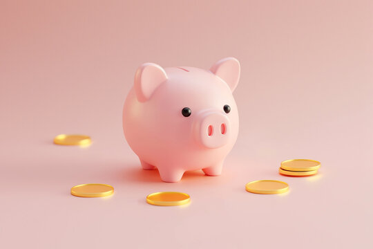 Piggy bank with golden coins 3d render on pastel background. Saving money, savings, finance and money deposit concept, cartoon minimal style. Banking, investment, earnings, saving and investing money