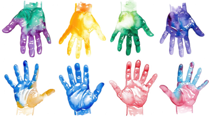 set of colorful hand prints of children isolated on white or transparent png