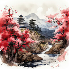 Japanese style watercolor landscape painting