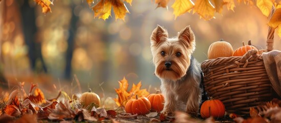 A small Yorkshire Terrier dog is sitting next to a basket filled with pumpkins in an autumn park setting. The dog looks content as it gazes at the colorful pumpkins surrounding it.
