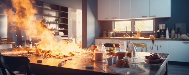 Conceptual background of a fire in the kitchen. Concept of compliance with safety rules. - obrazy, fototapety, plakaty