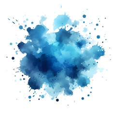 A blue watercolor splash splatters across a white background, its edges soft and dreamlike.