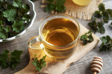A glass cup of herbal tea with fresh stinging nettle