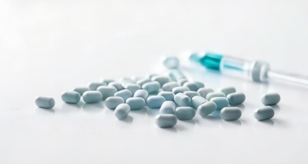  Medicinal capsules and syringe on a white background