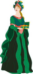 Mistress of the Copper Mountain with a Malachite Box. Vector illustration of woman with a crown on her head in a green dress with long sleeves with a copper gorget (plate, necklace), corset 