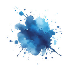 A blue watercolor splash splatters across a white background, its edges soft and dreamlike.