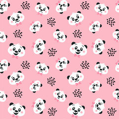 Vector seamless pattern with cute panda head in different mood, happy, sad, surprised, glad, satisfied, joyful.