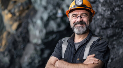 cheerful manager with armed cross in coal mining - obrazy, fototapety, plakaty