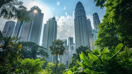Fototapeta premium Lush urban greenery juxtaposed with towering skyscrapers, symbolizing urban ecology and development