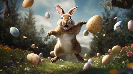 Tuinposter Happy Easter! Bunny jumping with joy with many Easter. © yasir