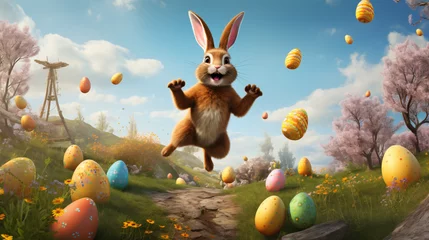 Foto op Canvas Happy Easter! Bunny jumping with joy with many Easter. © yasir