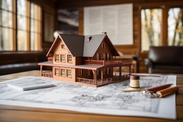 Architectural project concept showing wooden house model with detailed blueprints